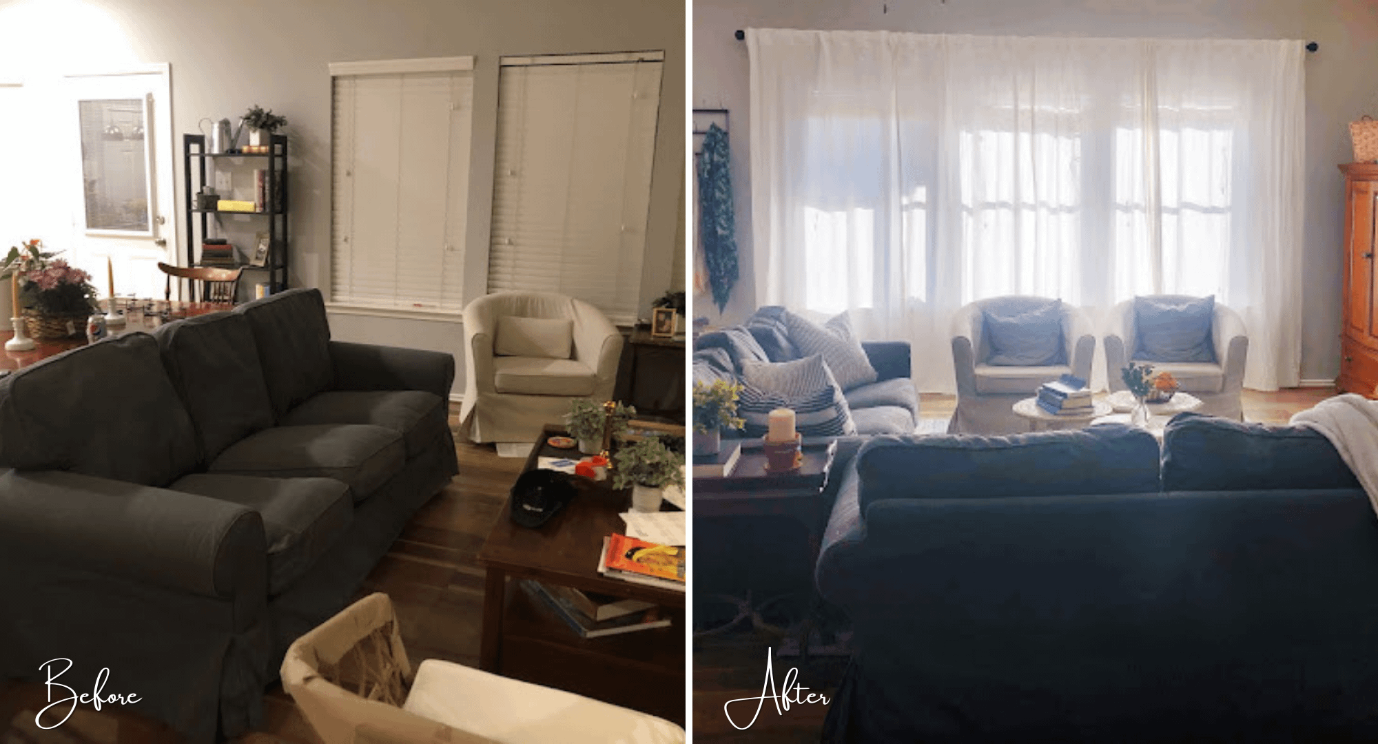 Living room makeover before and after.