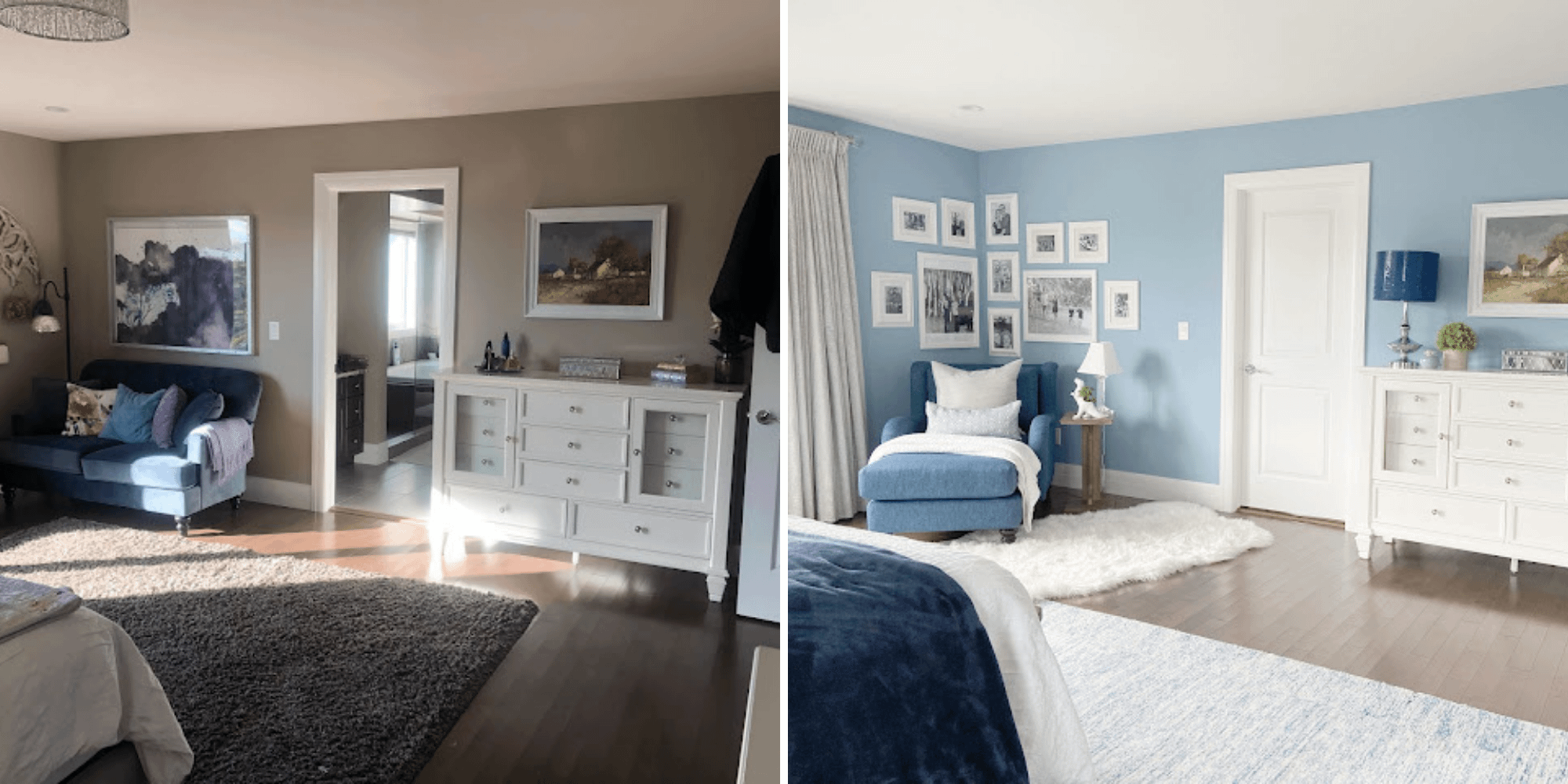 Before and after of a cozy bedroom redesign.