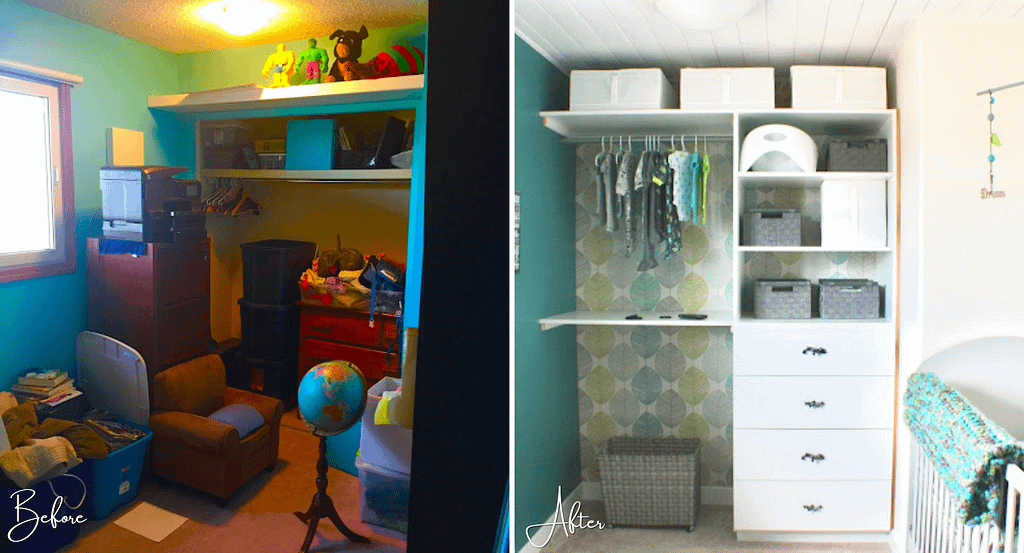 Before and after of the open concept closet space in this challenge nursery makeover
