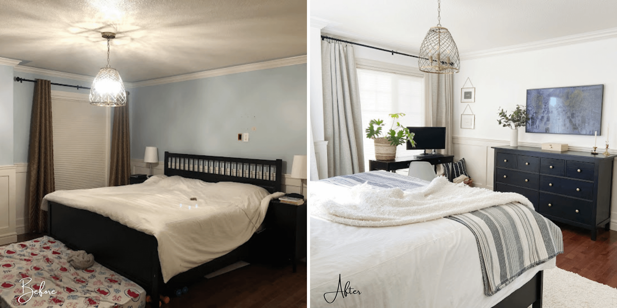 Before and after of a peaceful bedroom makeover.