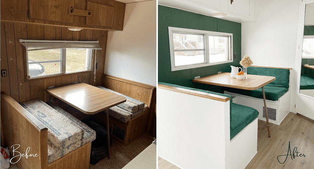 Before and after of a budget camping trailer makeover