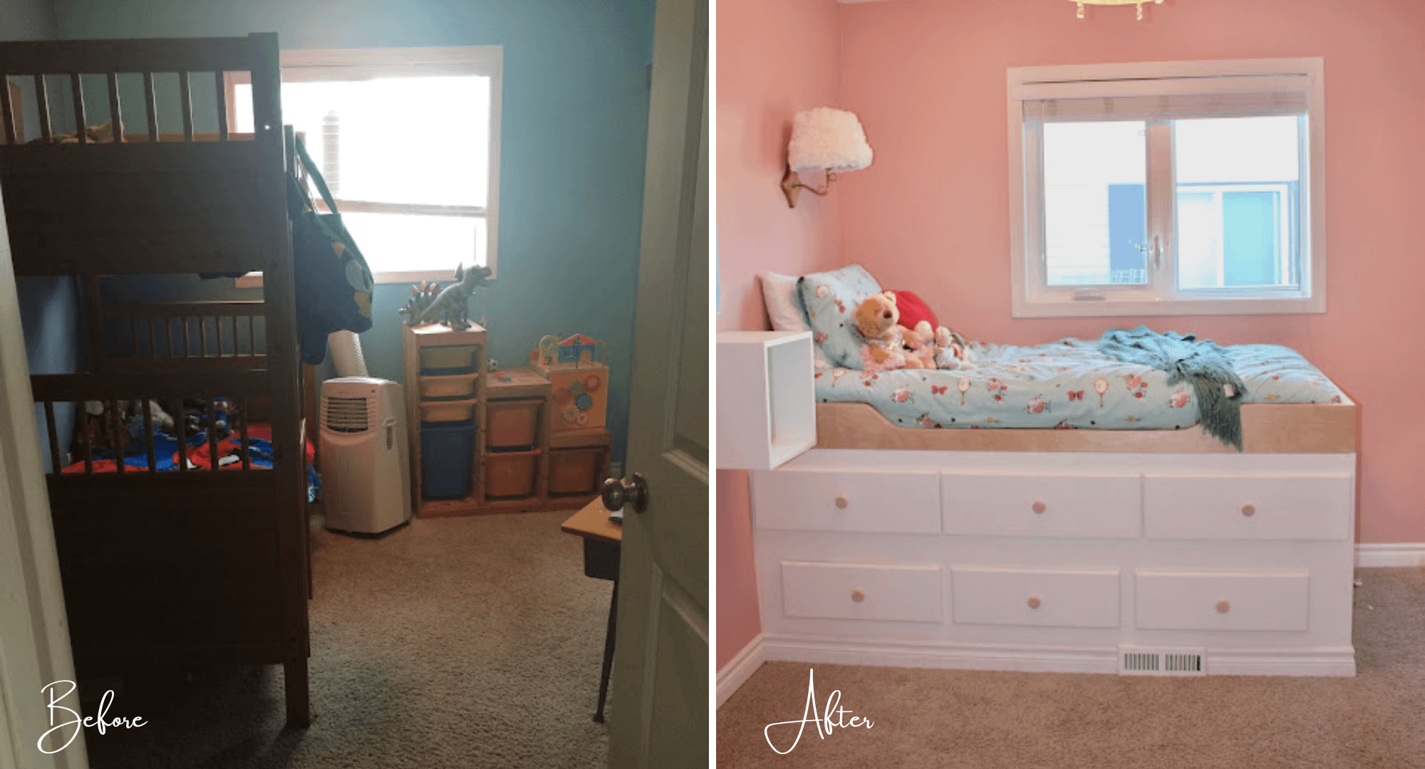 before and after photo of the new captains bed in this bedroom makeover