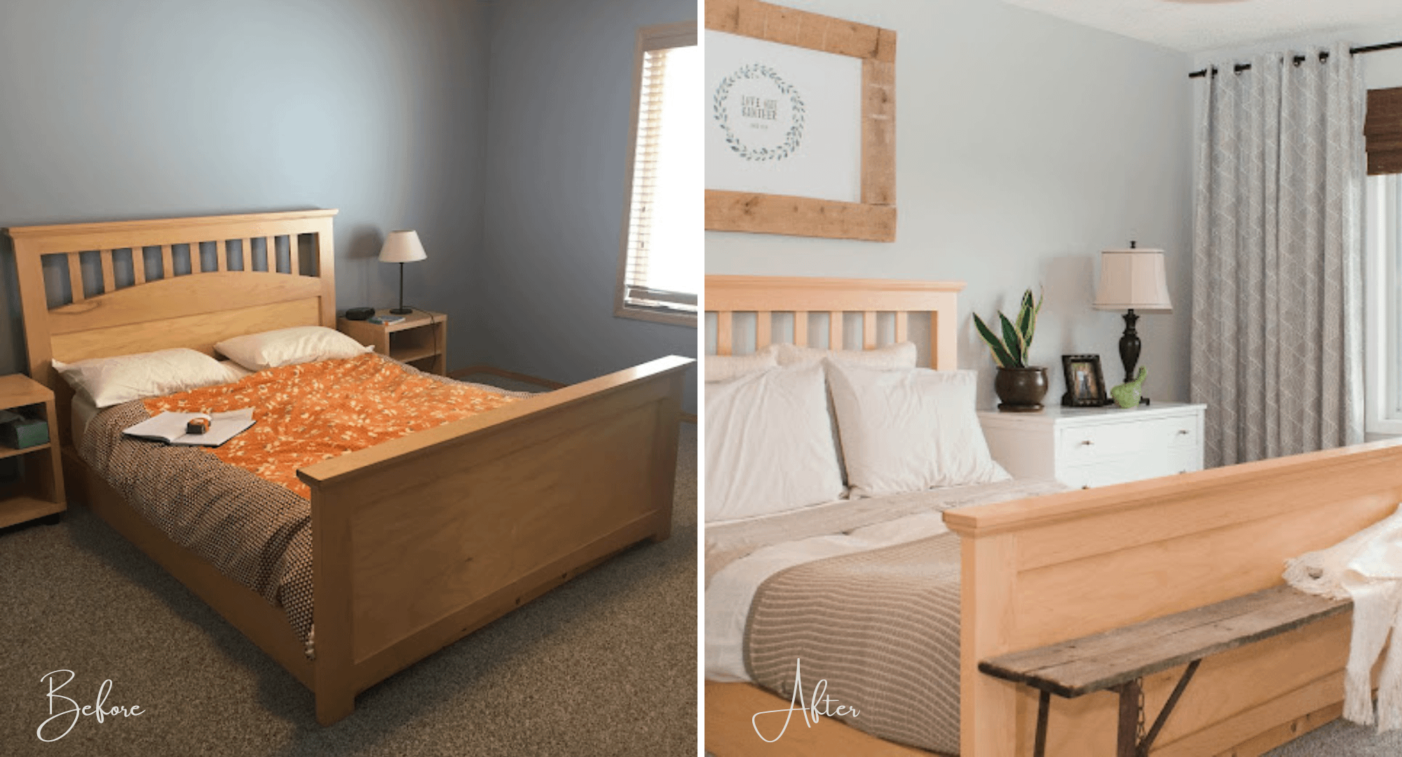 Before and after of a primary bedroom makeover