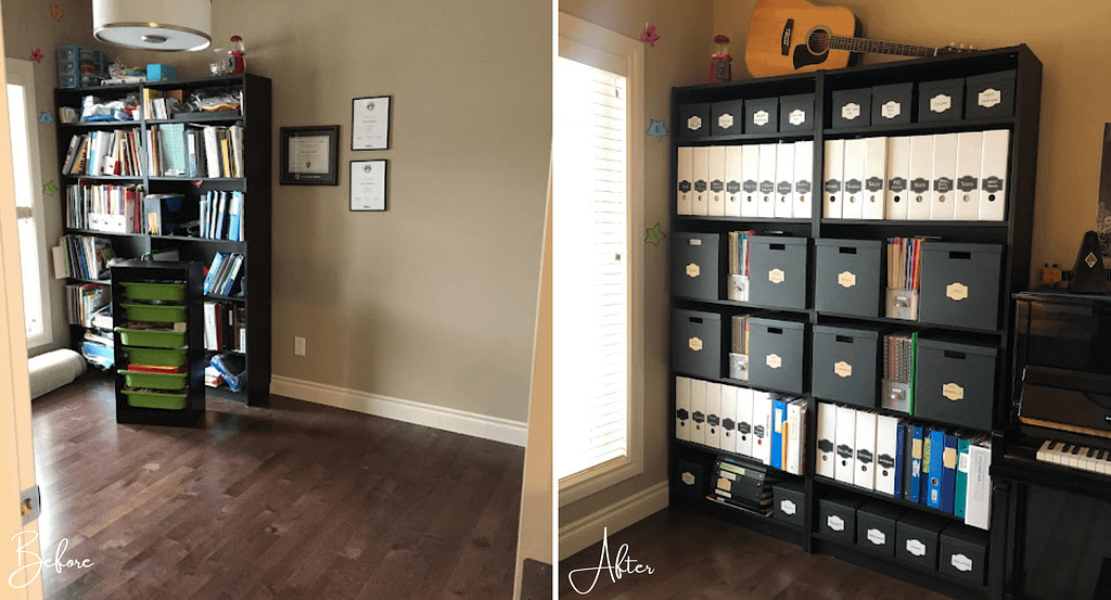 Before and after of shelving and storage in the piano room
