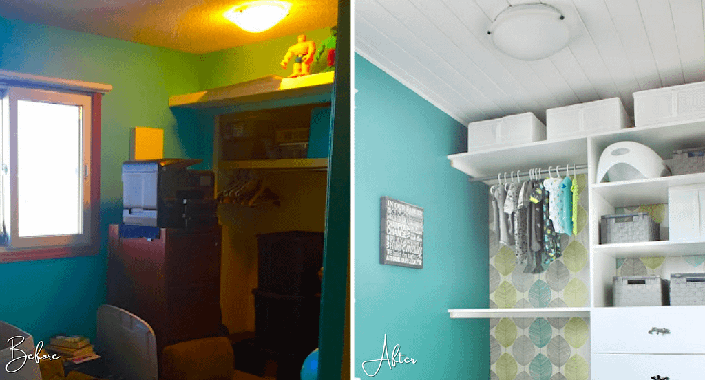 The before and after of the ceiling. The white plank makes the nursery feel much brighter.
