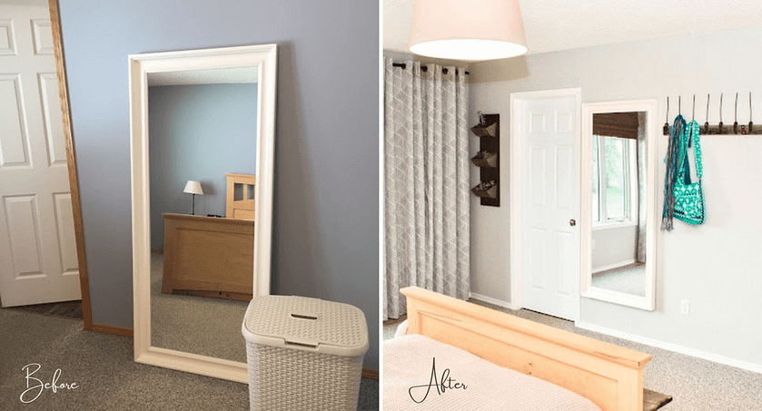 Before and after of a primary bedroom makeover.