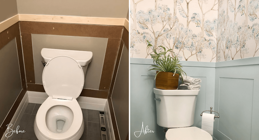 Small powder room makeover before and after of panelling around the toilet area.