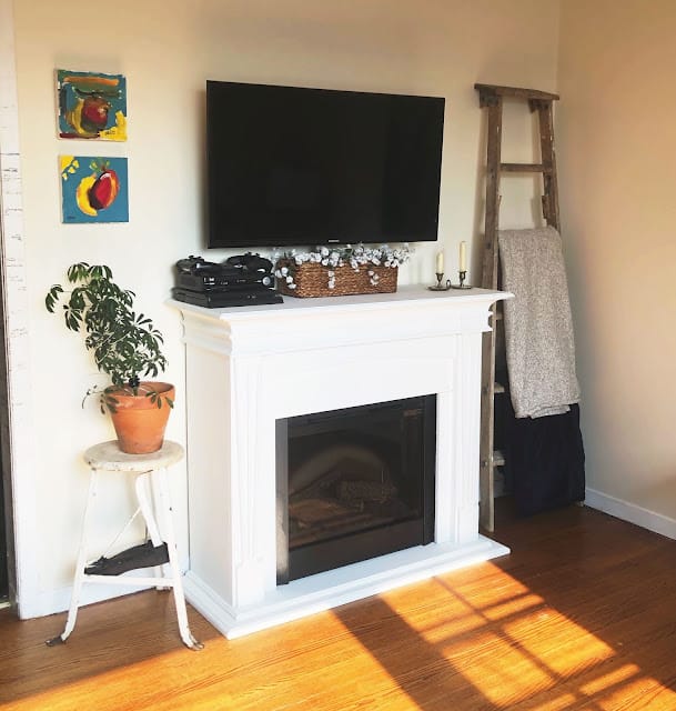 Two Homes Become One - after photo of the fireplace wall with plant stand and tv