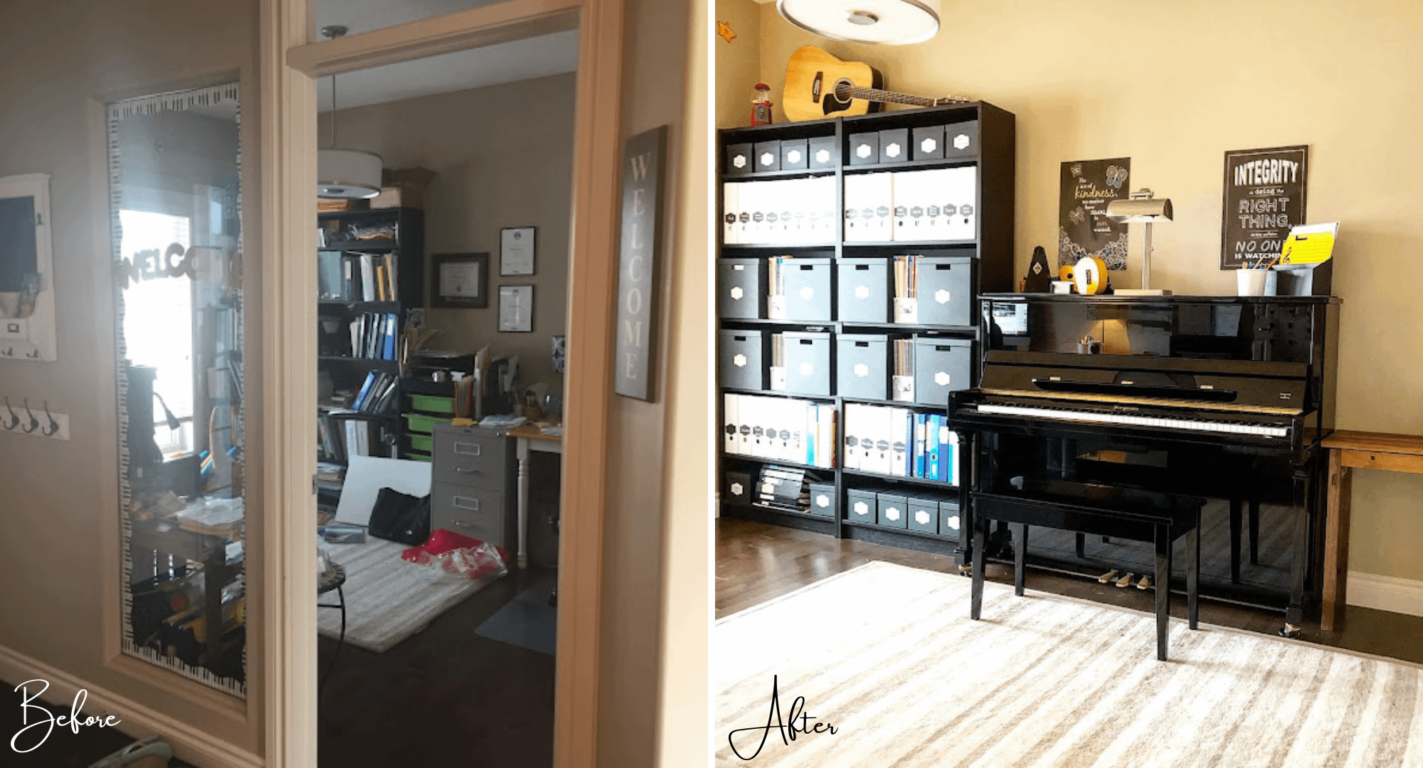 Before and after of the piano room makeover
