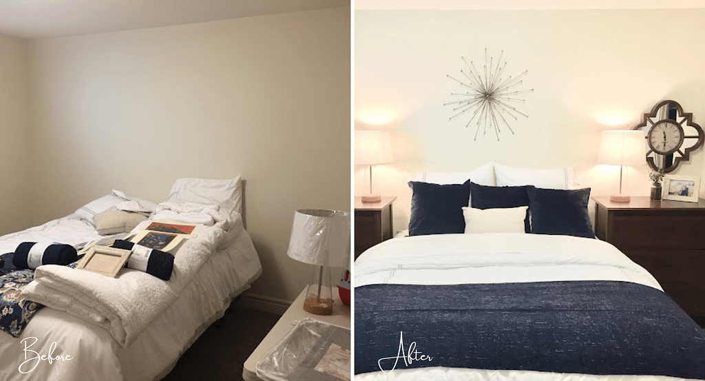 Before and after of the bed and night tables in this guest room makeover
