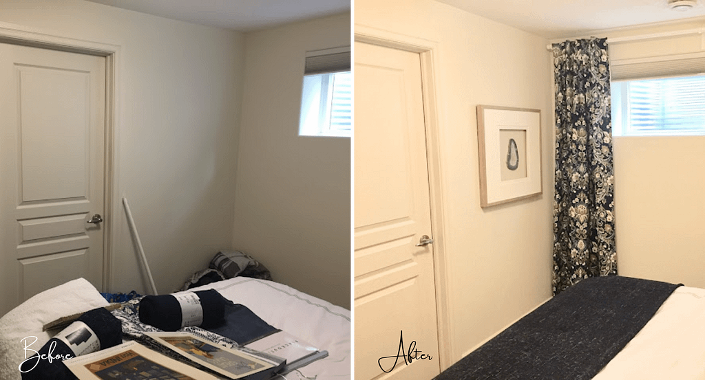 Before and after of some of the artwork and curtains in this guest room makeover
