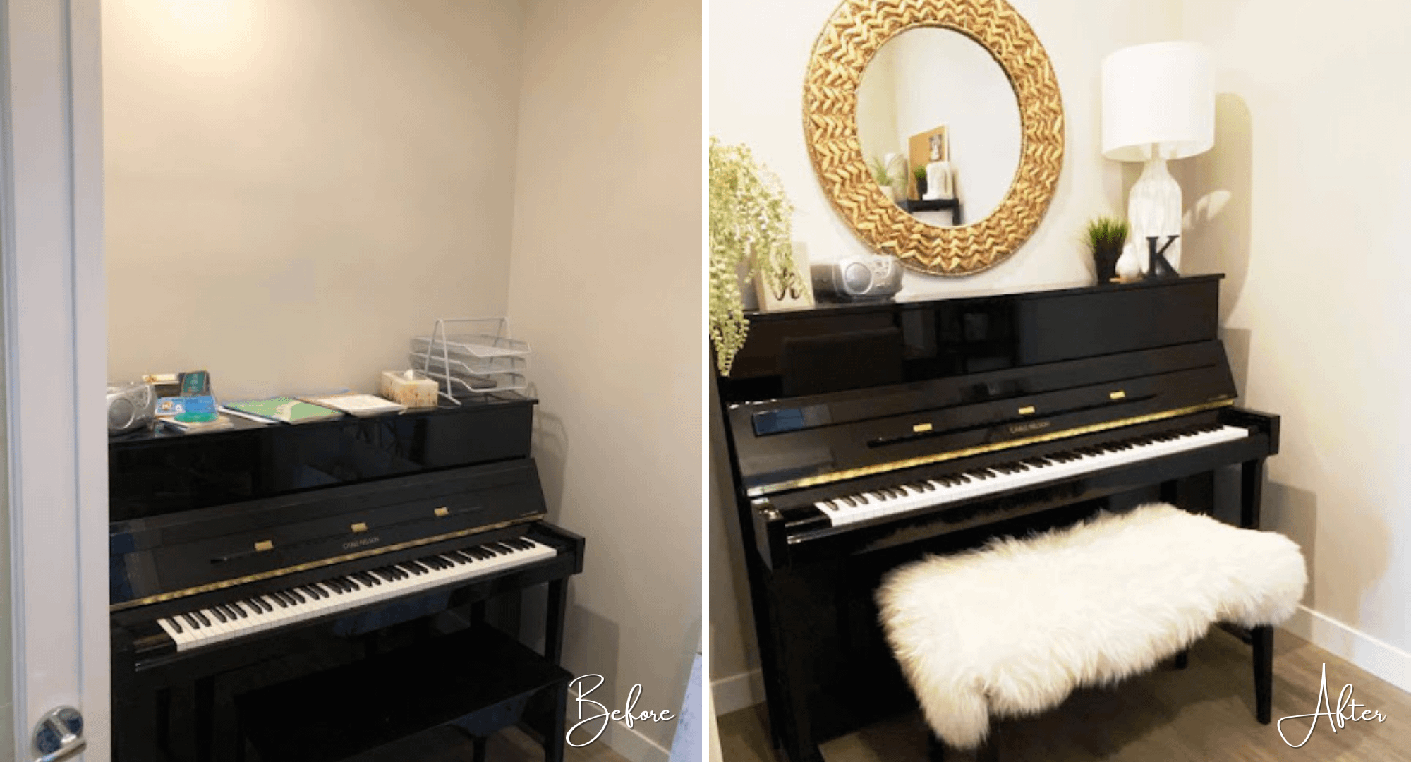 Piano room/office styling before and after.
