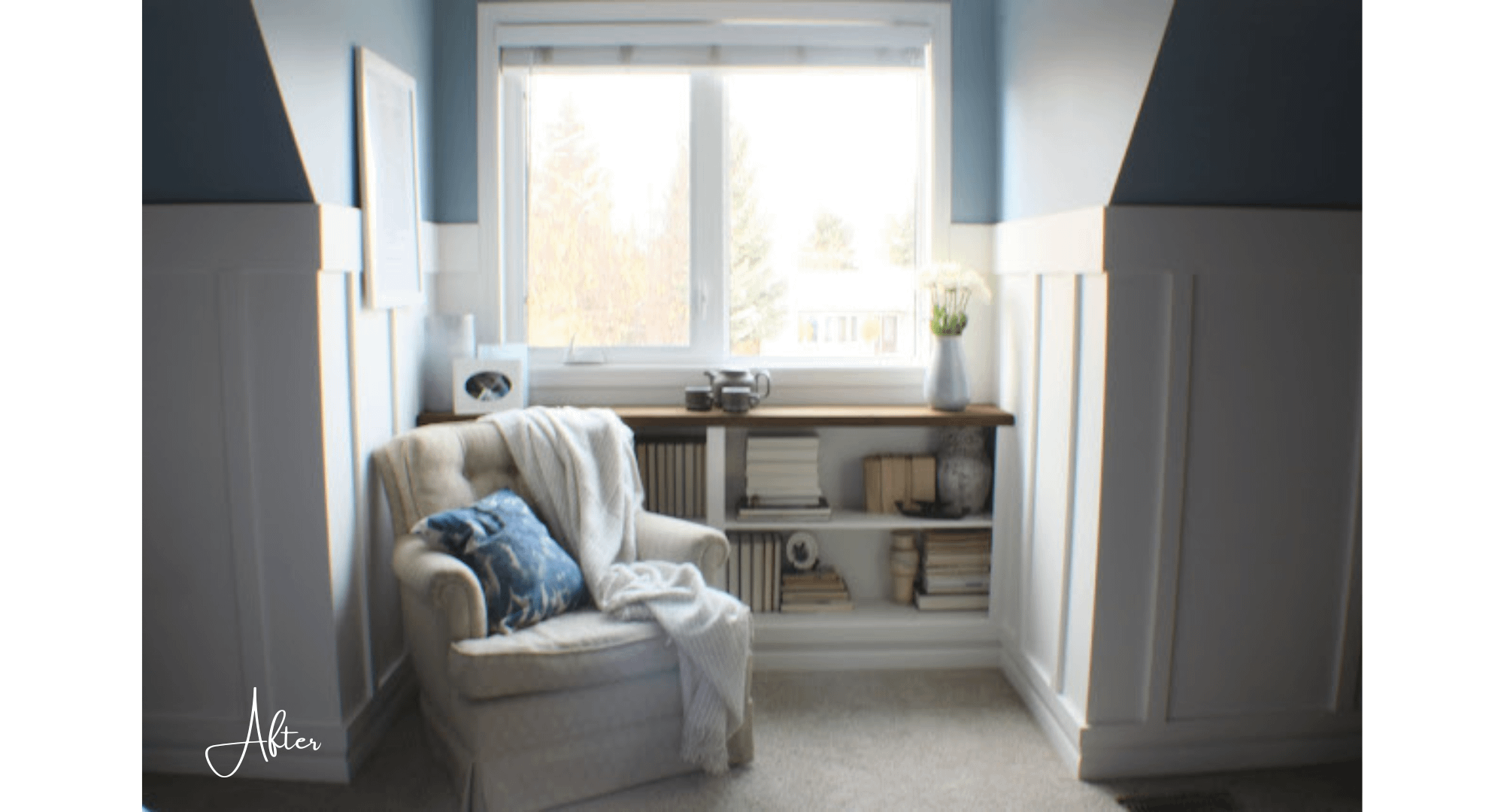 A reading nook is built in this bedroom transformation