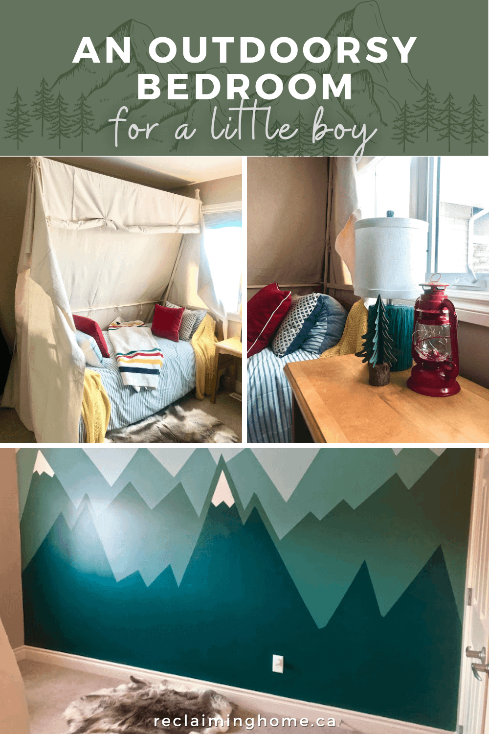An outdoorsy bedroom with a mountain painted wall
