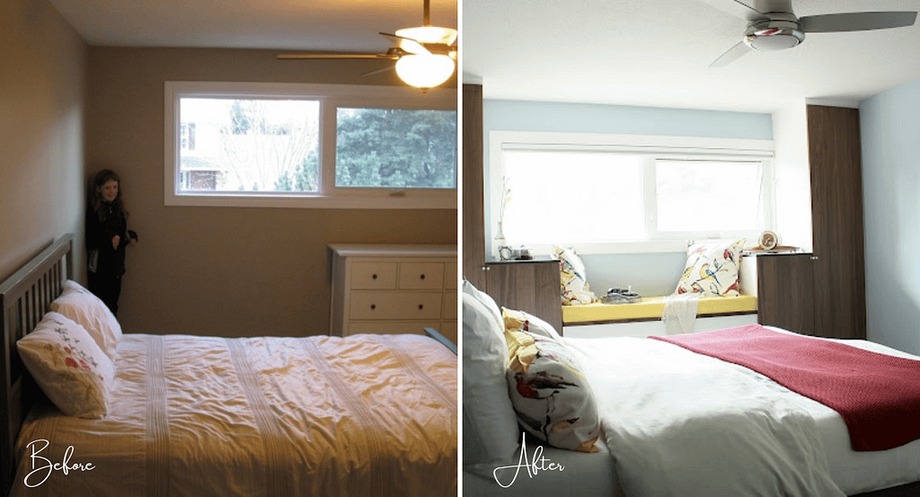 Before and after photo of the built in window bench in this primary bedroom makeover