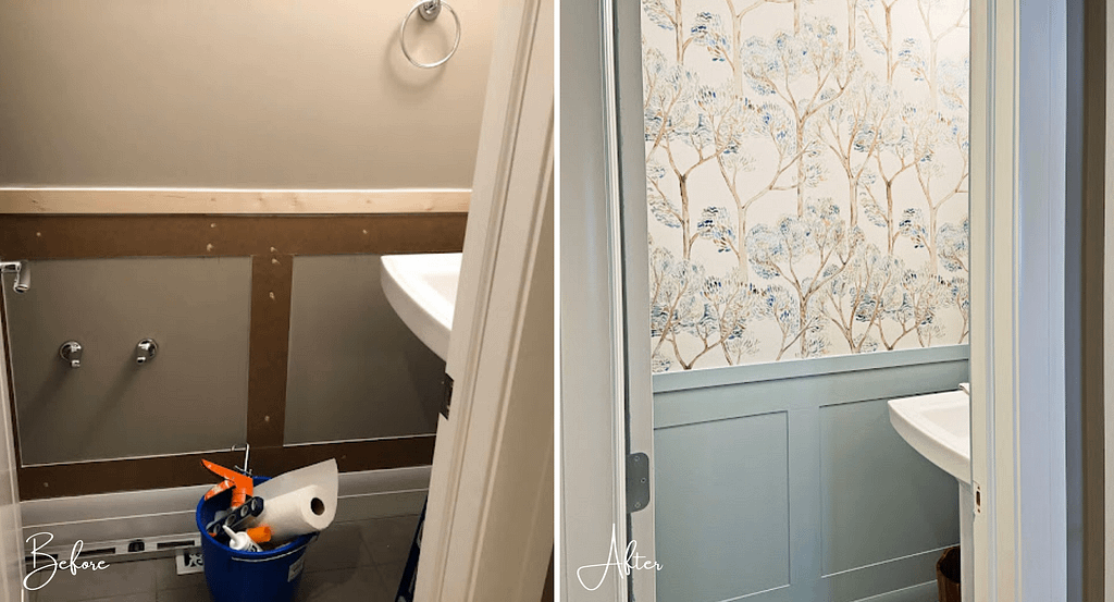 Small powder room makeover before and after of panelling