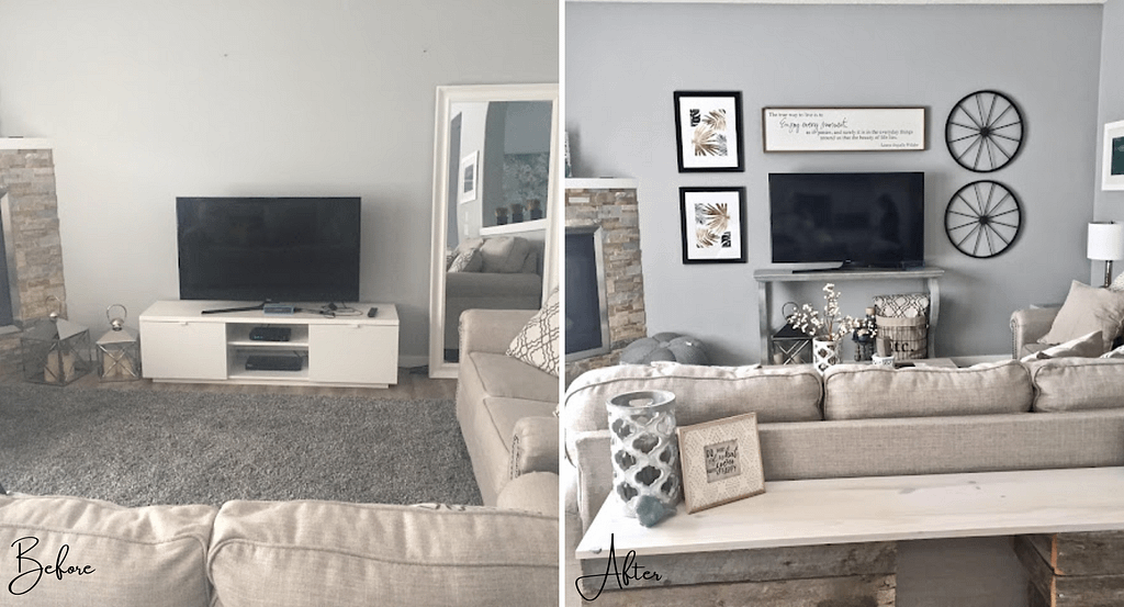 Before and after photo of this living room makeover.