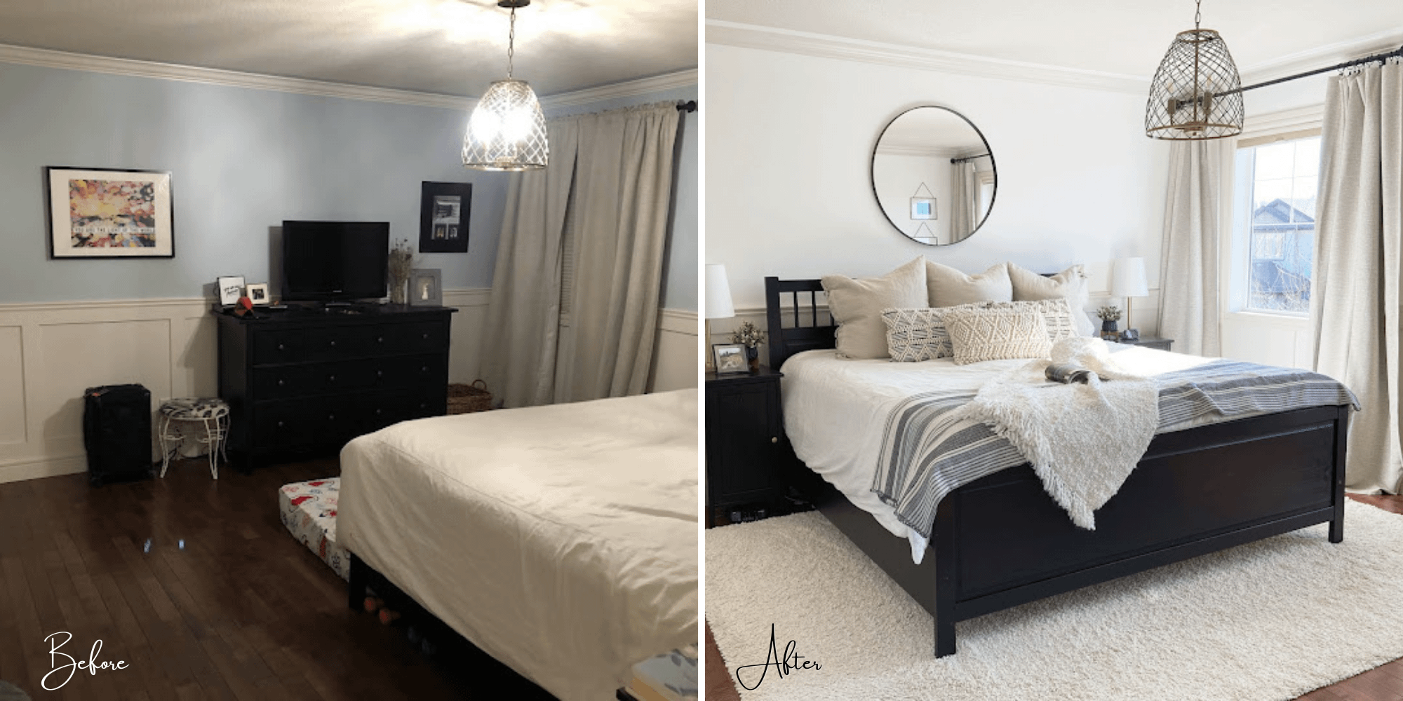 Before and after of a peaceful bedroom makeover.