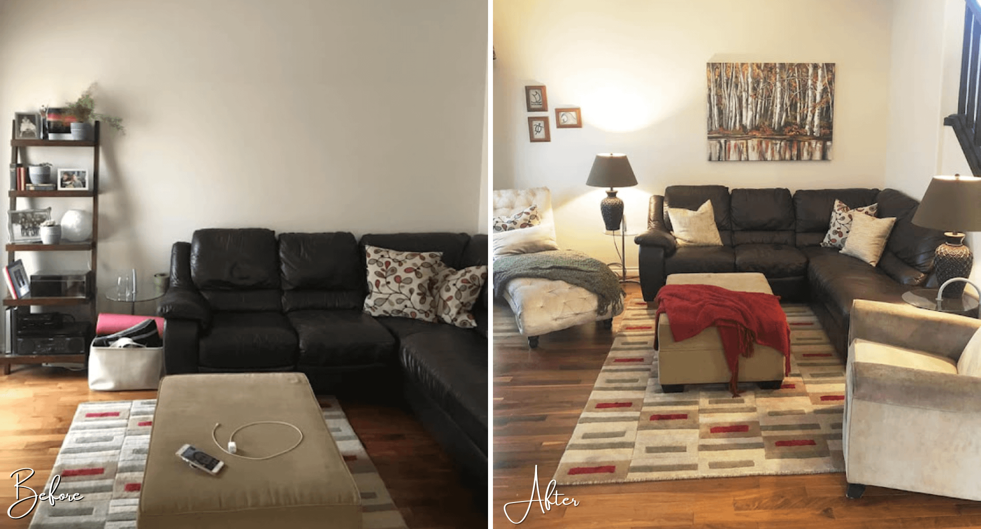 Before and after of a virtual styled livingroom