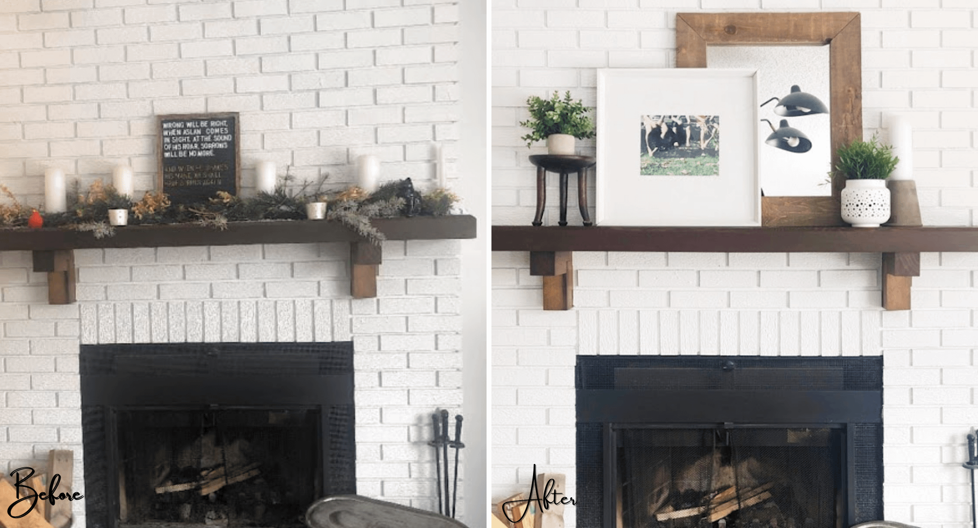 Before and after of a fireplace mantle virtual styling
