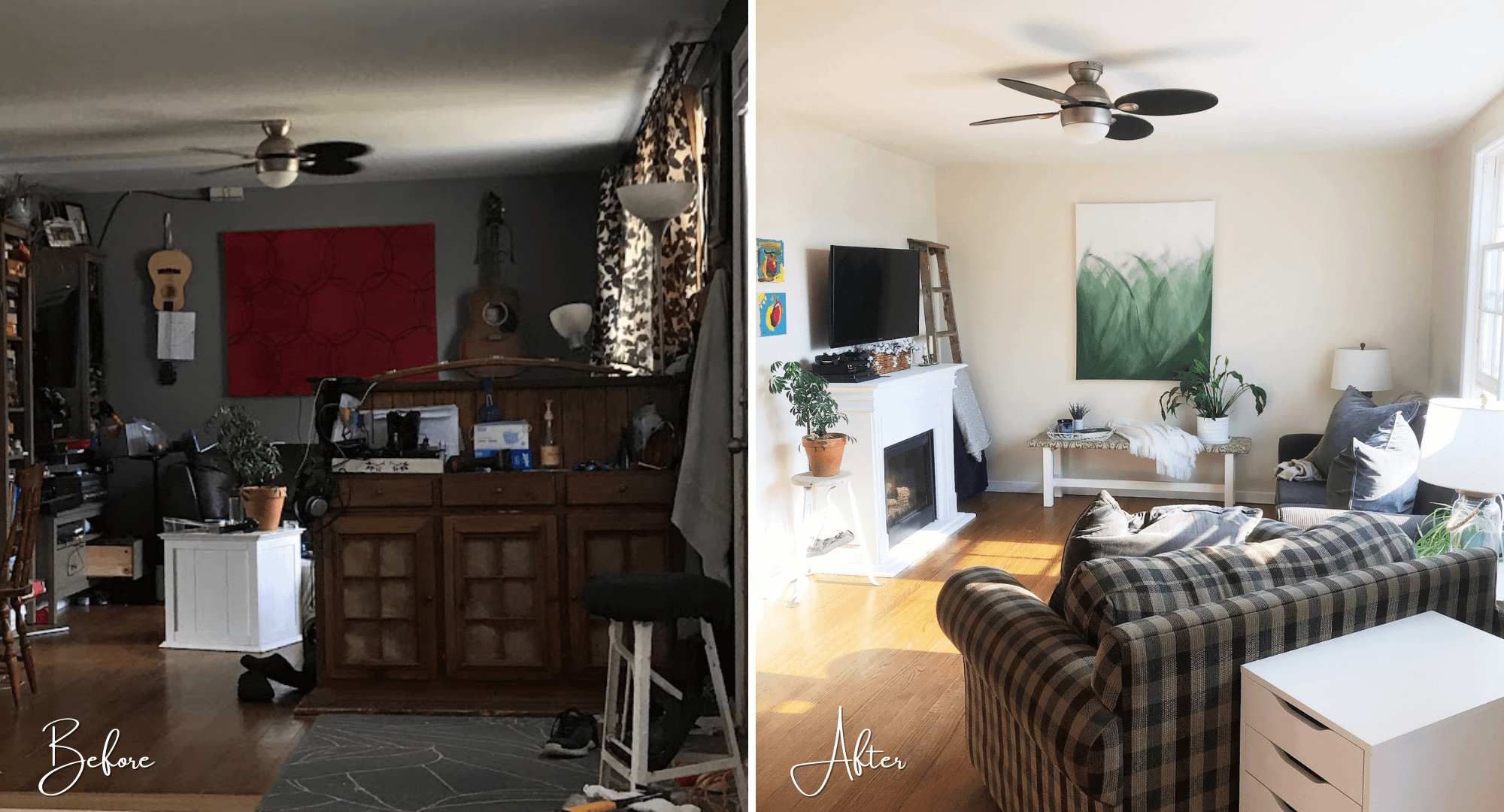 the before and after of the living room interior space