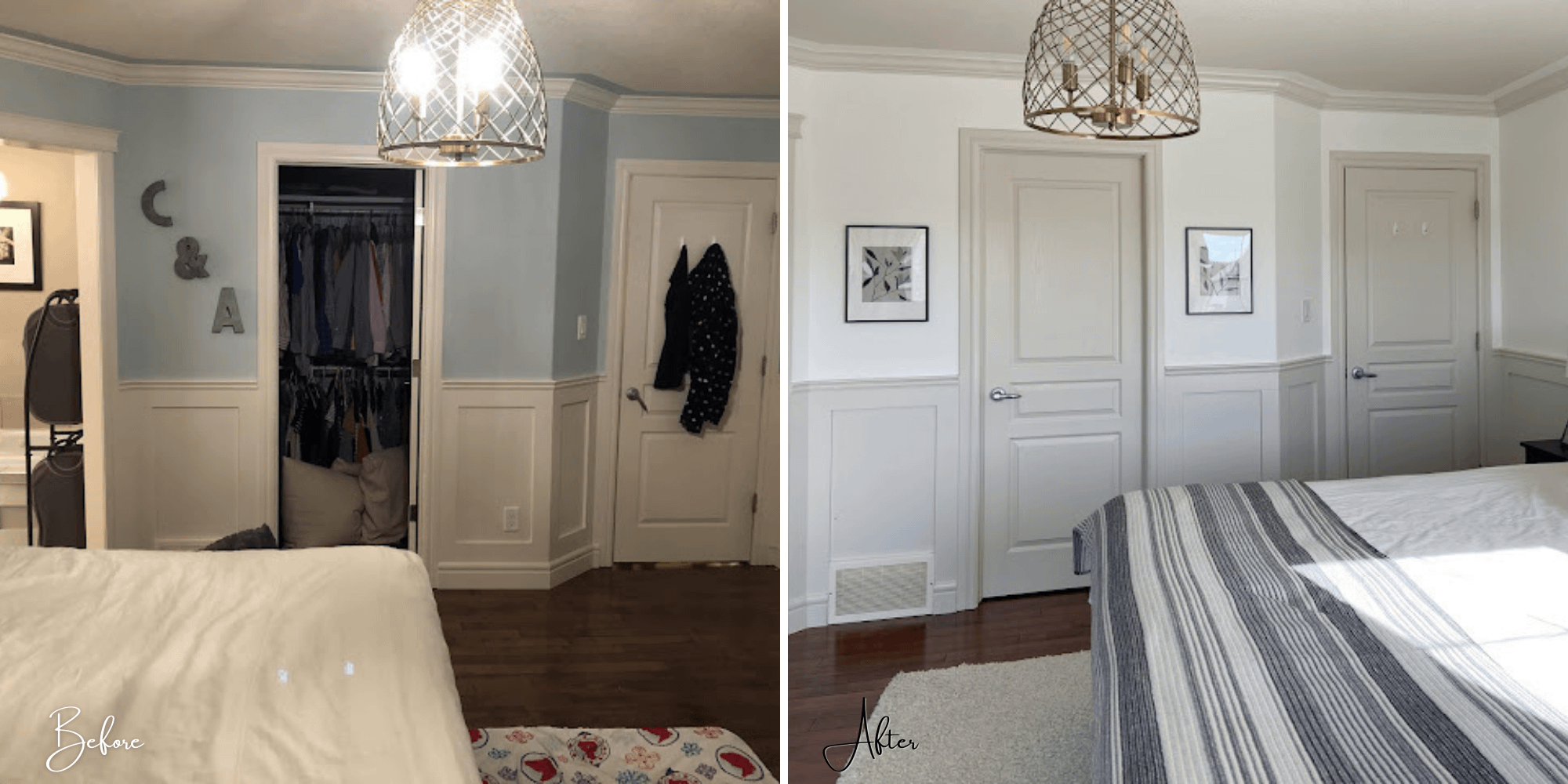 Peaceful bedroom makeover before and after.