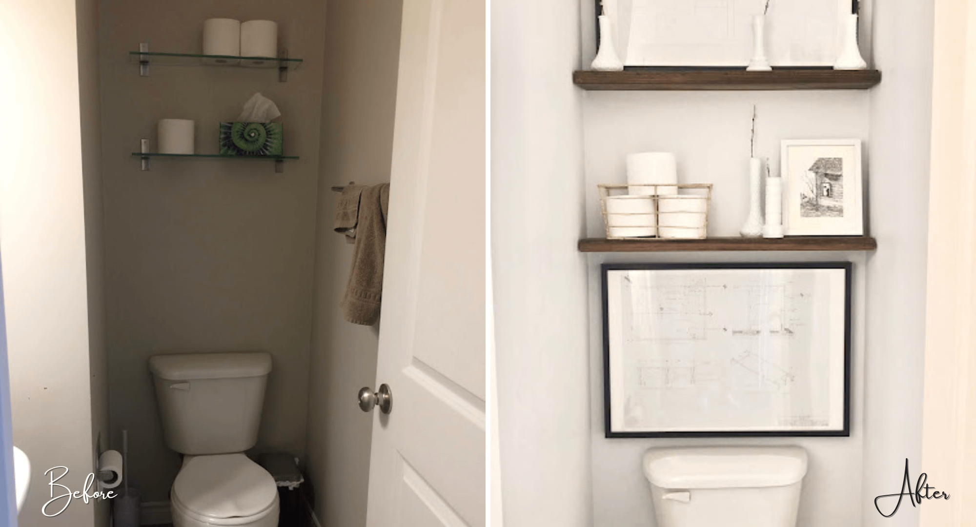 Small powder room makeover before and after.