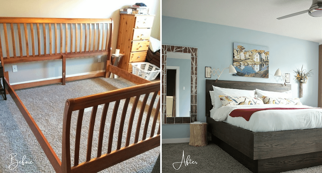 Before and after photos showing the new custom make bed in this primary bedroom makeover
