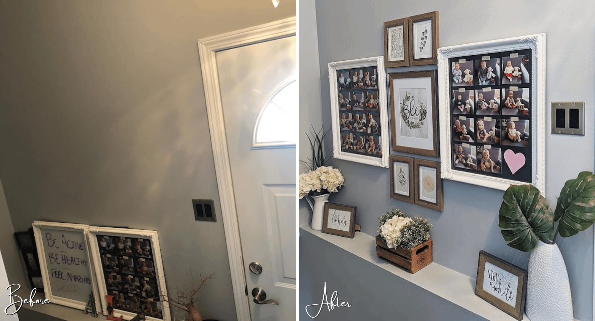 Before and after of an entryway with a new gallery wall
