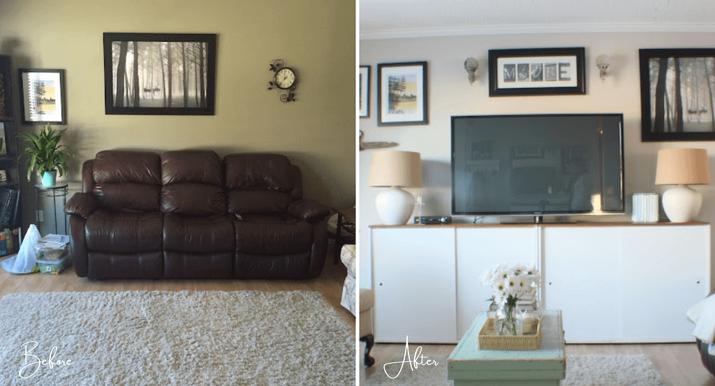 A Swift Current makeover before and after of the tv, cabinet and artwork.