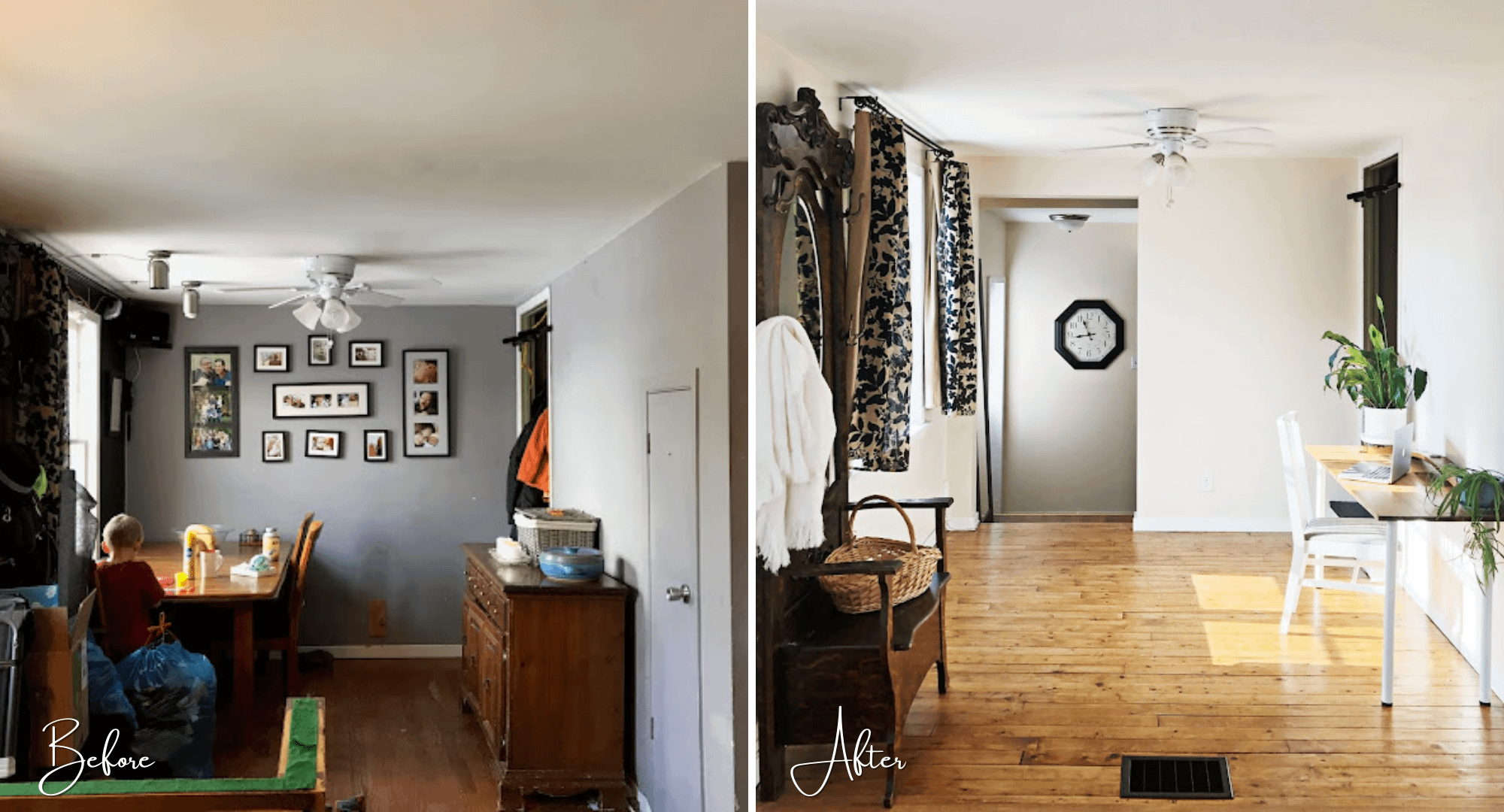 Two Homes Become One before and after of the dining room showing how much this interior space has changed