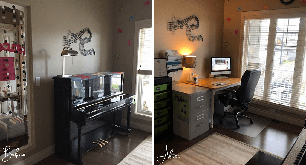 Before and after showing the desk after being moved to a different wall
