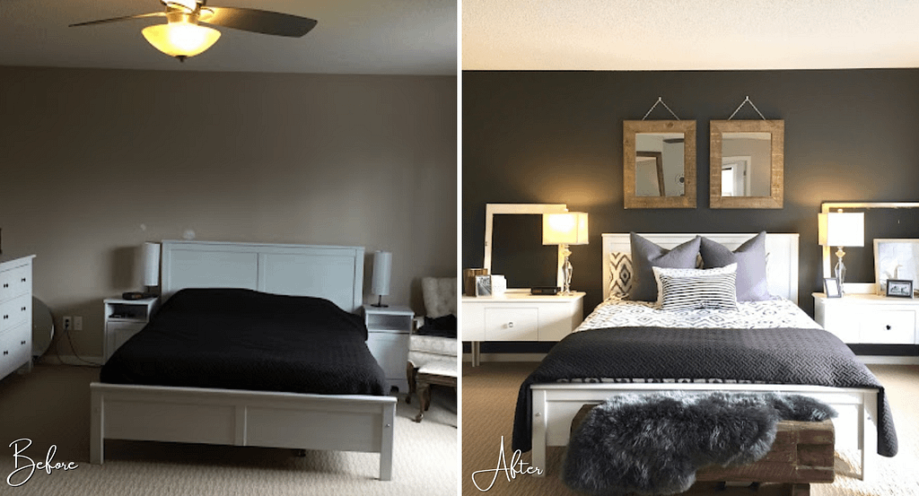 Before and after of the bed and side tables. As well as mirror accents on the wall.
