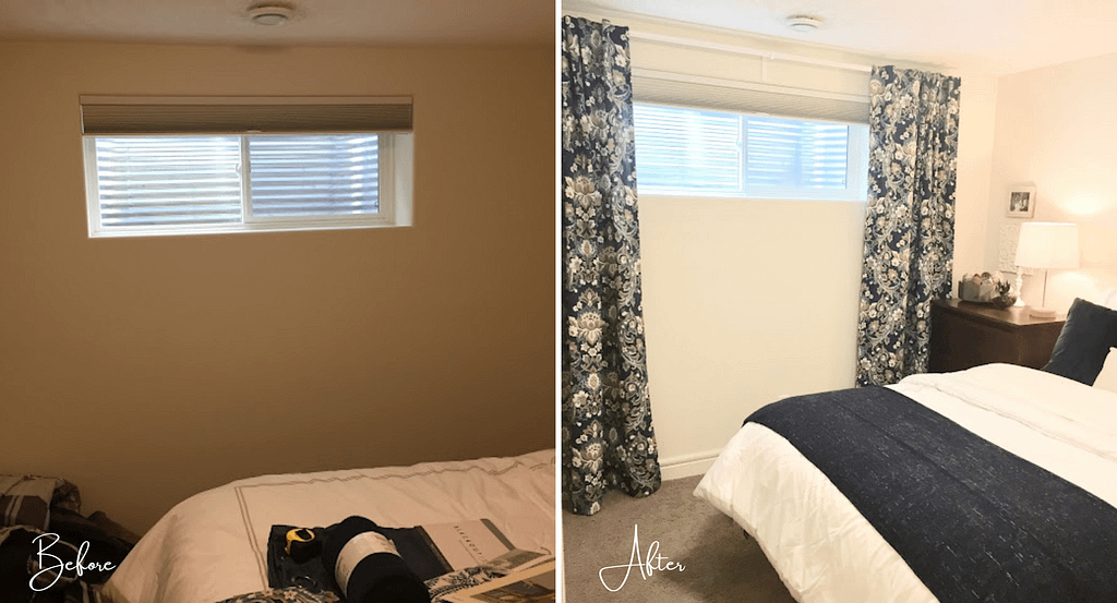 before and after of the window treatment in this guest room makeover
