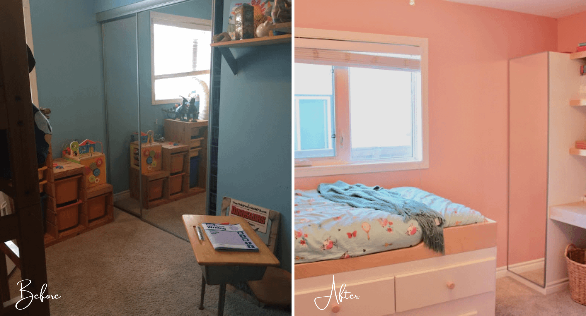 Before and after photo of the closet space in this bedroom makeover