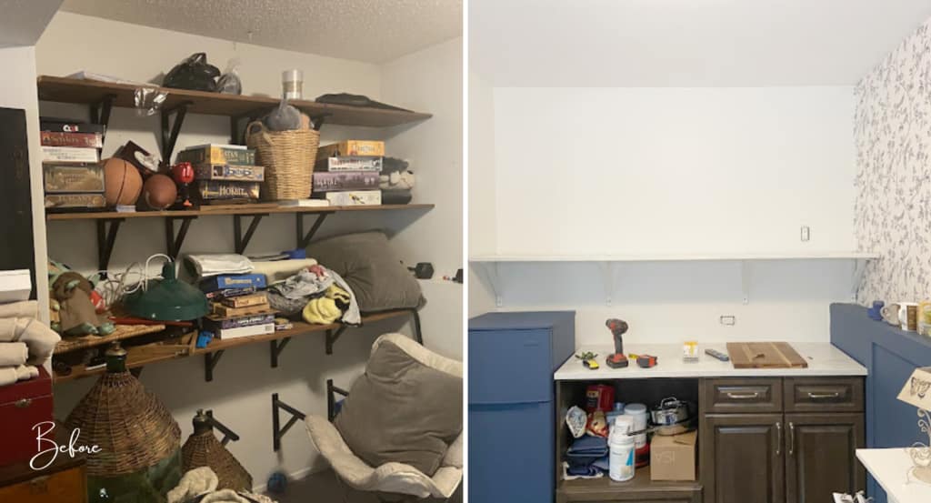 Basement kitchenette before and after
