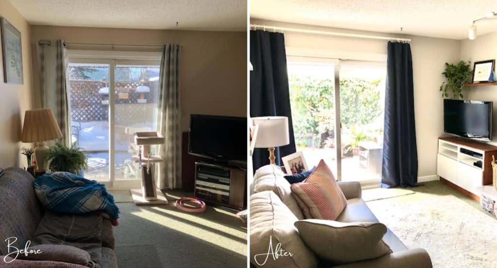Before and after of the walls beside the fireplace in this TV room makeover
