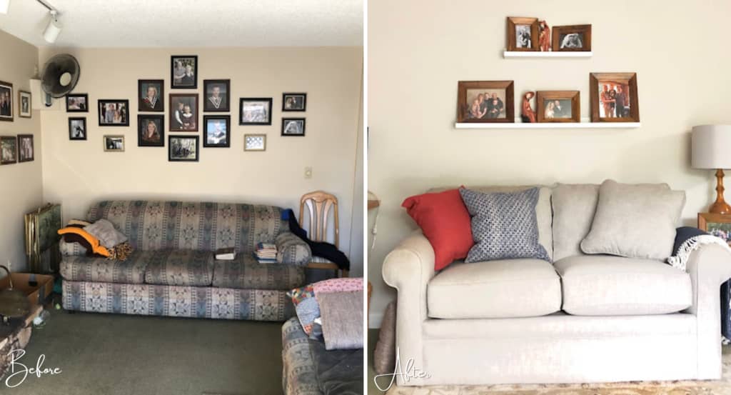 Before and after of the new couches for this TV room makeover
