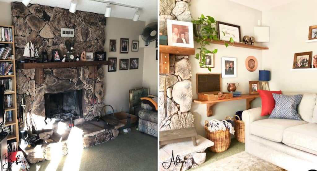 Before and after of the lighting in this TV room makeover
