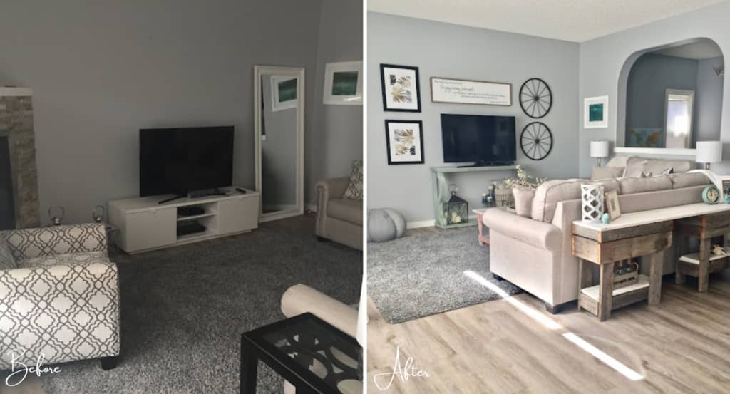 Before and after image of the tv wall in this living room redesign.
