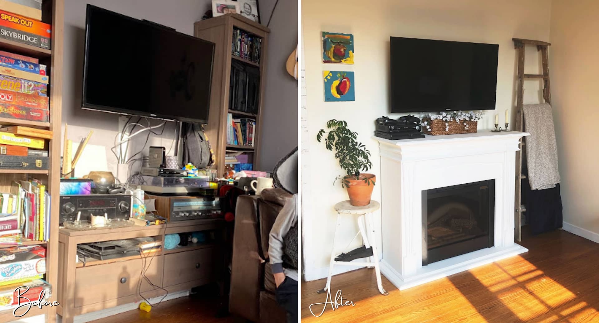  before and after of the fireplace wall