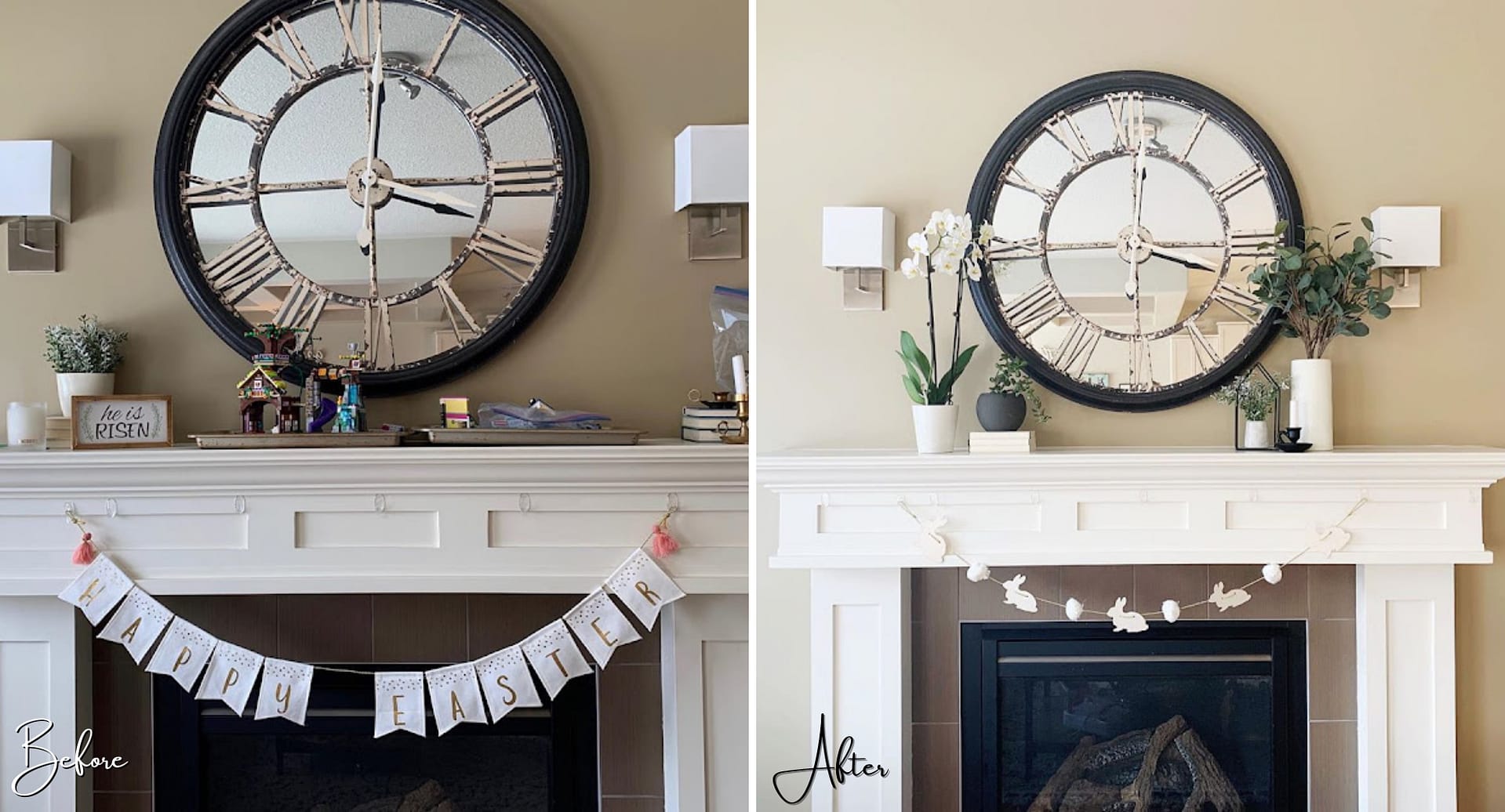 Before and after of a mantel with a large mirror/clock and a easter banner
