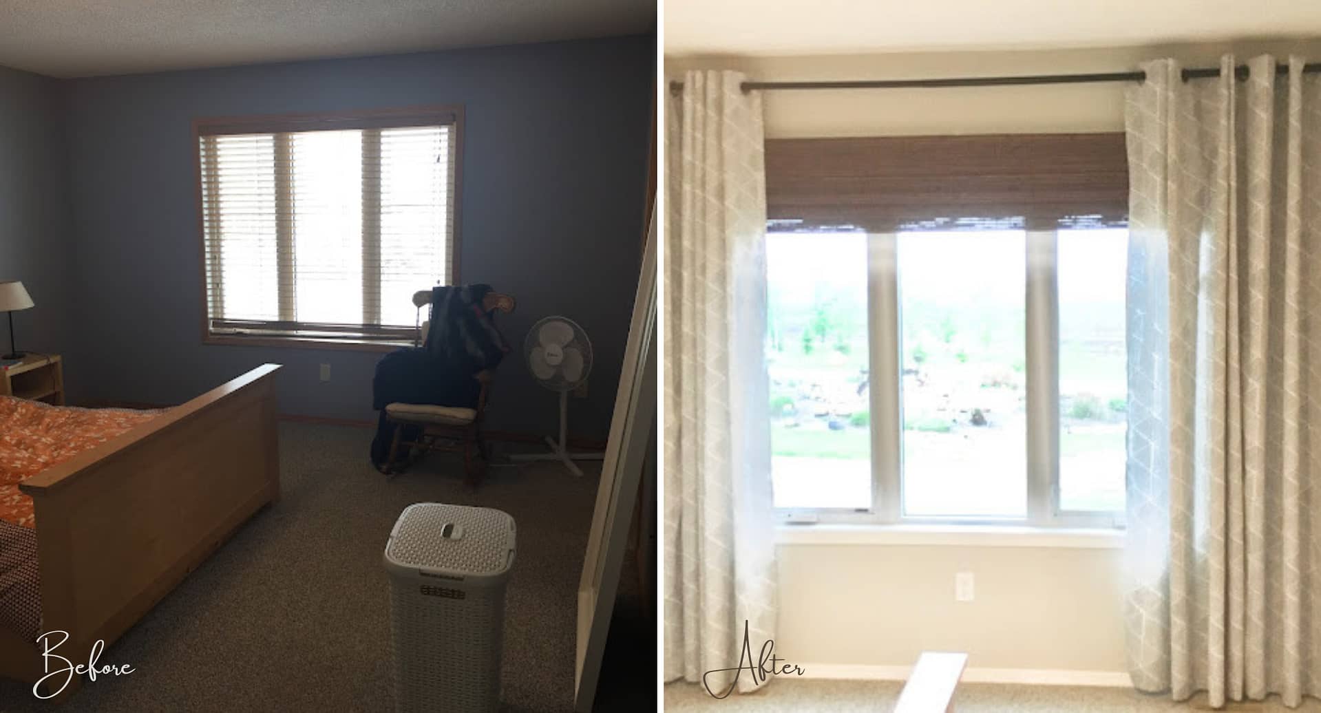 Before and after of a primary bedroom makeover.