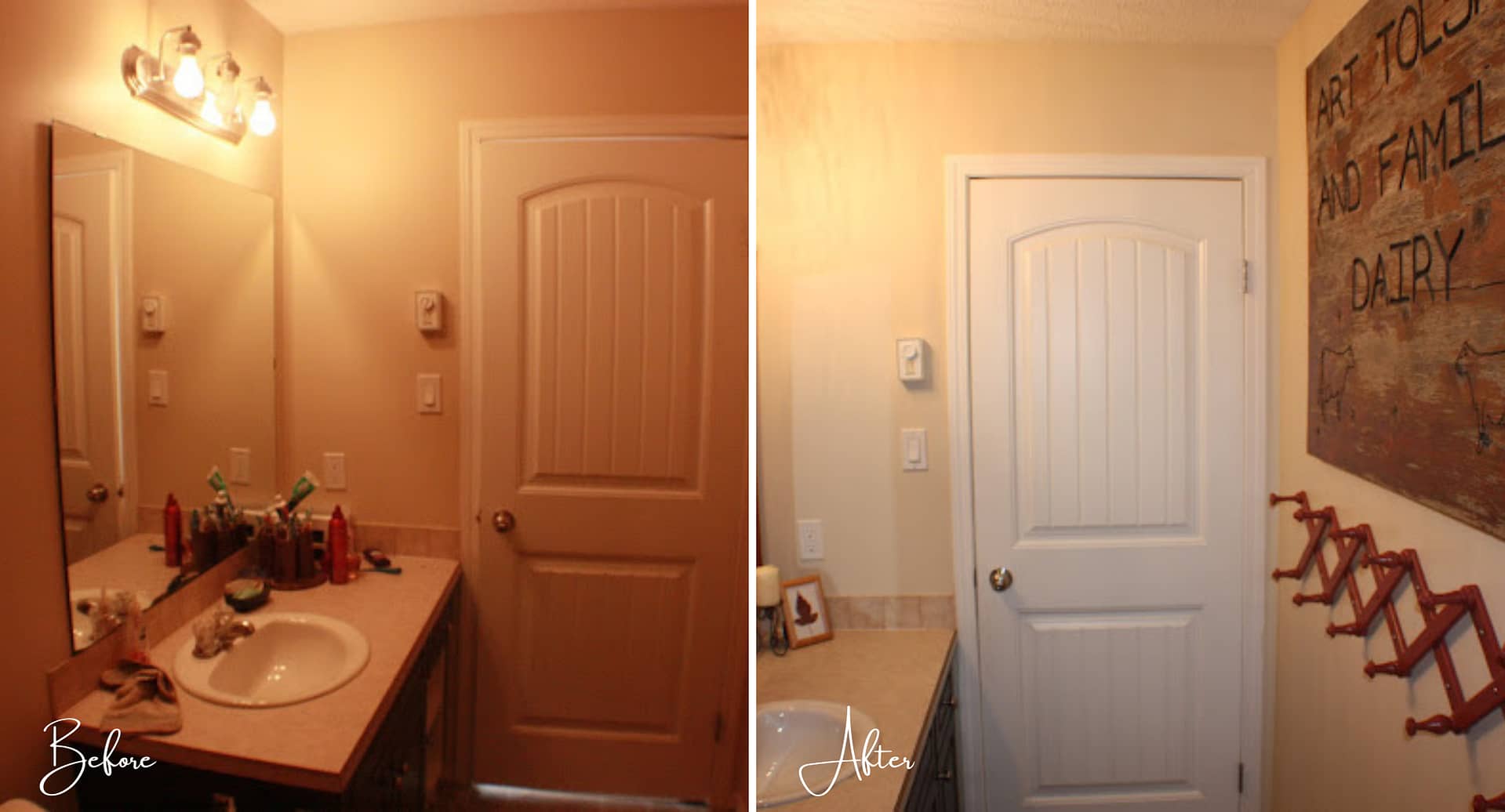 A country makeover of a bathroom, before and after.