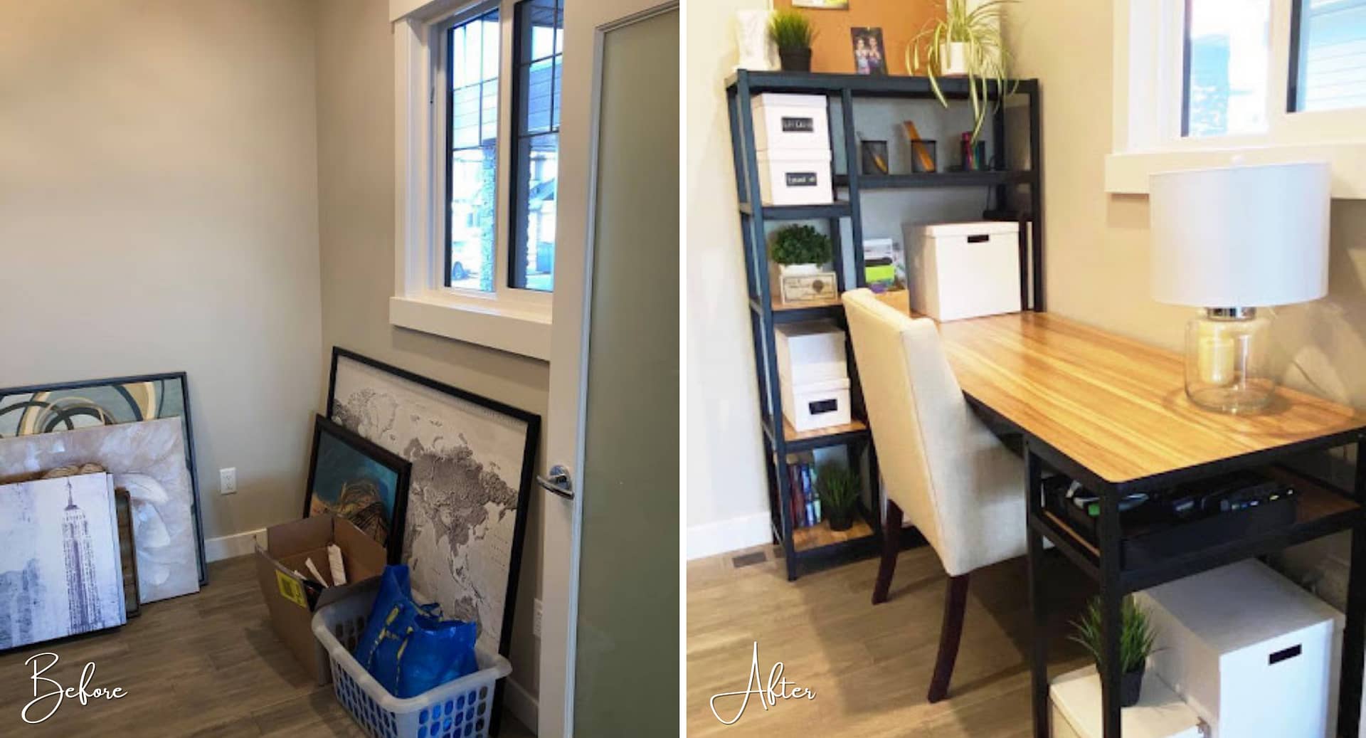 A piano room/office styling before and after.